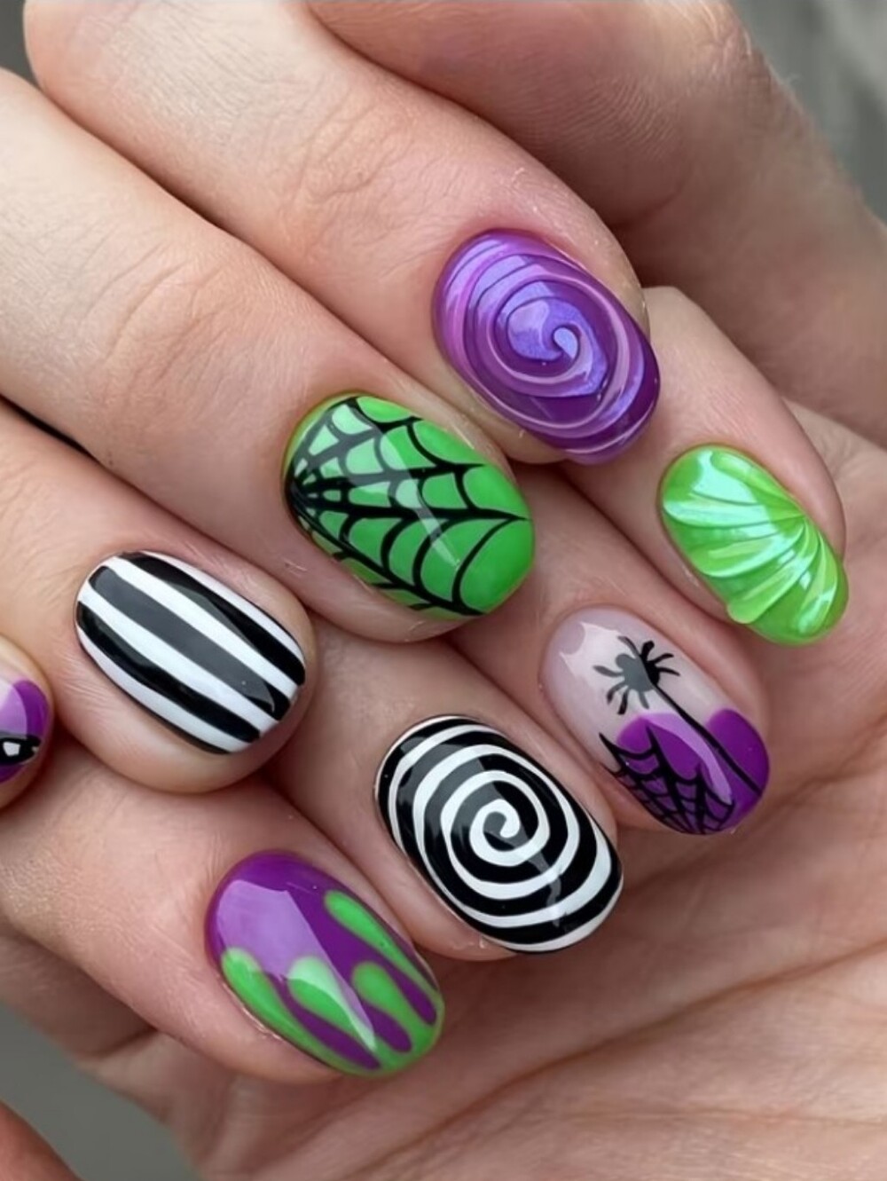 Spooky Swirl & Web Halloween Nail Art - Purple, Green, Black & White